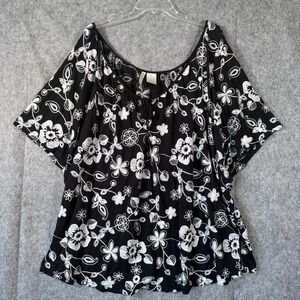 Womens Dark Floral Peasant Top Blouse Plus Size 3X Black Embroidery Tassle Boho
